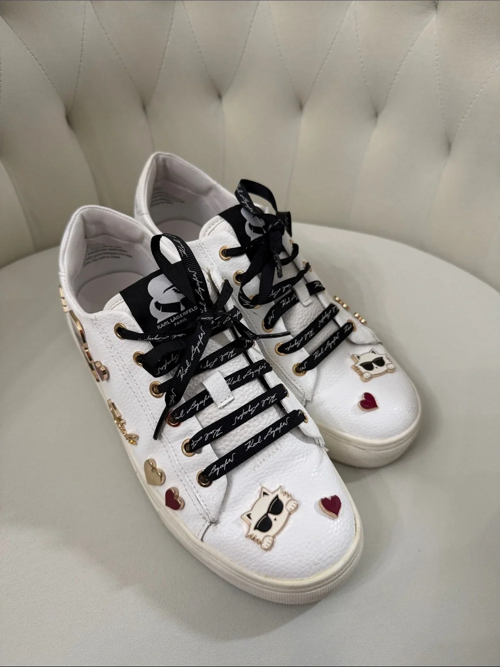 Karl Lagerfeld White Sneakers with Black Ribbon Laces and Heart Studs